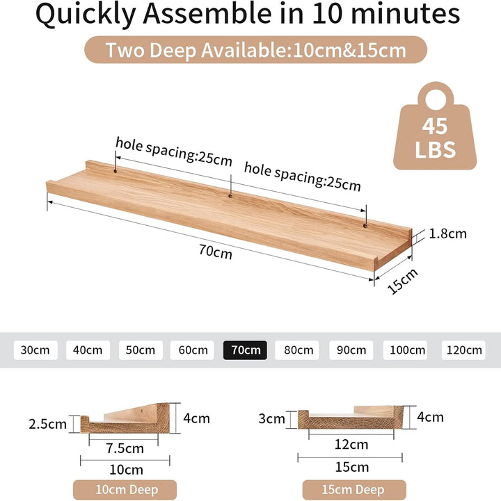 Bilderleiste Holz,70cm Eiche Wandregal Holz Regal Massiv Schweberegal gewürzregal regalbrett Hängere