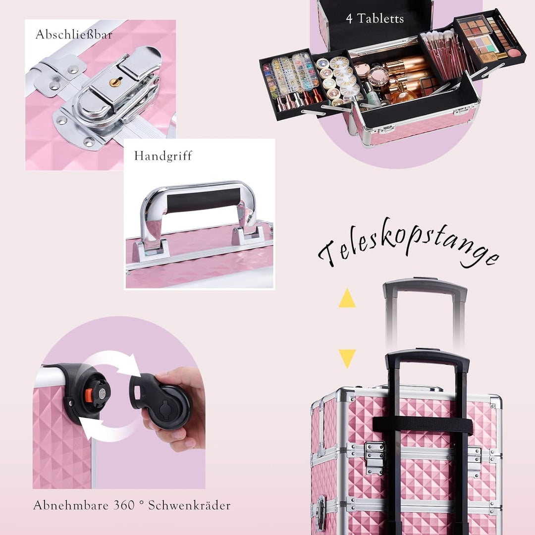 Kosmetikkoffer Trolley 4-in-1 Kosmetikkoffer Gross Kosmetik Trolley Make up Koffer Schminkkoffer mit