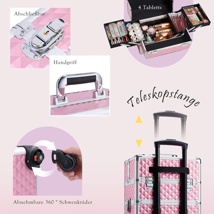 Kosmetikkoffer Trolley 4-in-1 Kosmetikkoffer Gross Kosmetik Trolley Make up Koffer Schminkkoffer mit