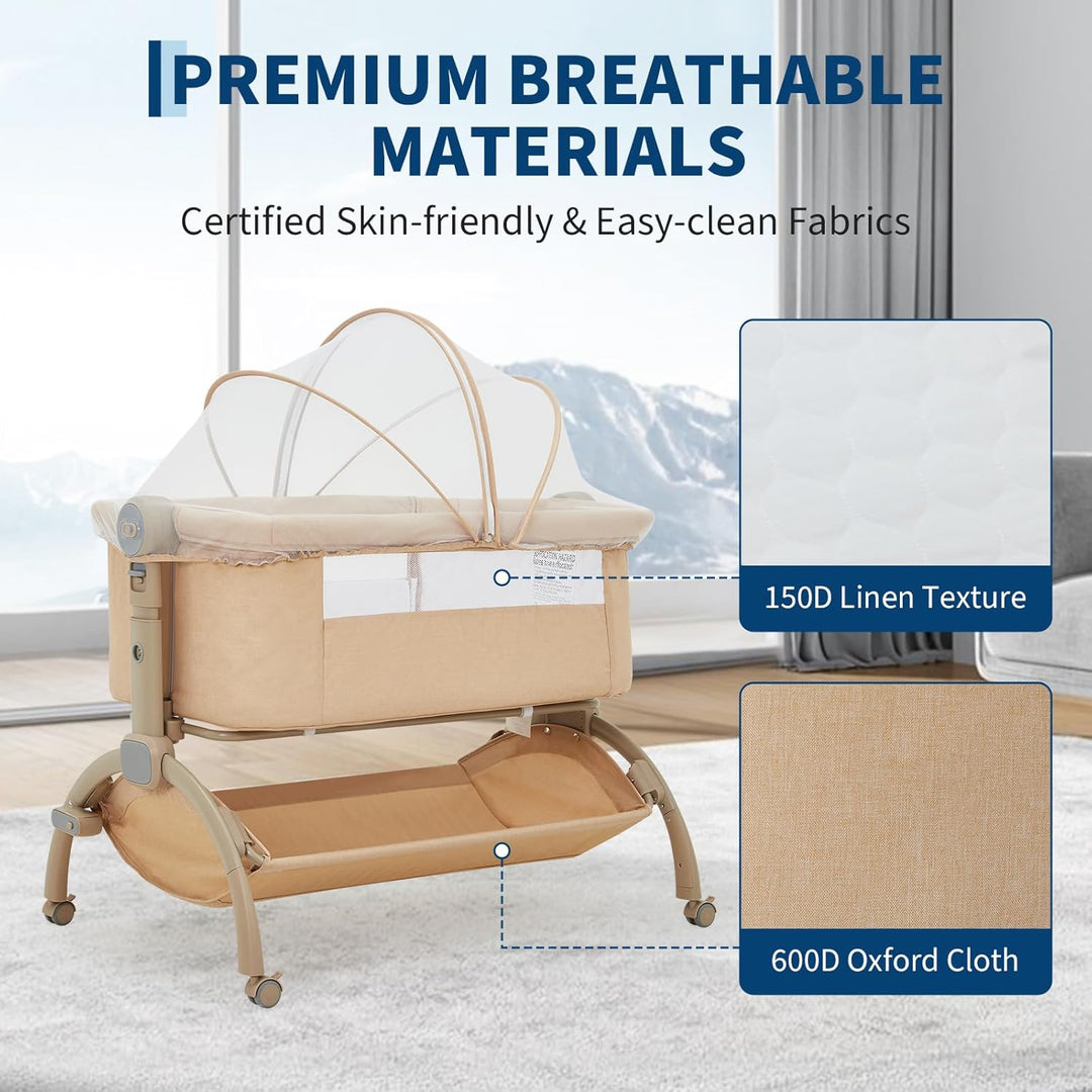GarveeTech Beistellbett Baby höhenverstellbar mit Matratze, Mesh-Seiten, Wiegefunktion, Rollen mit B