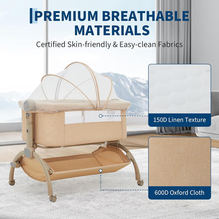 GarveeTech Beistellbett Baby höhenverstellbar mit Matratze, Mesh-Seiten, Wiegefunktion, Rollen mit B