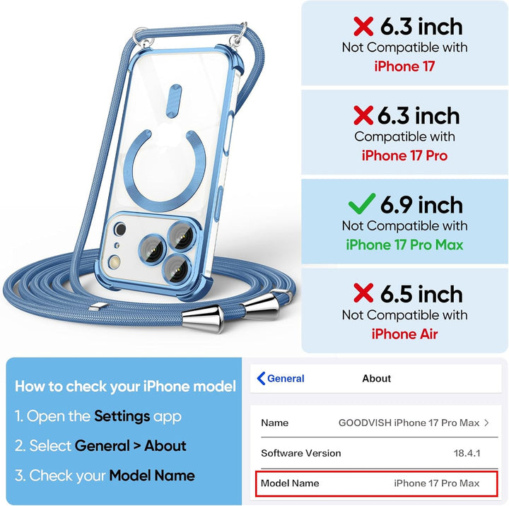 GOODVISH Handykette für iPhone 17 Pro Max Hülle mit Band, mit 2 Stück Schutzfolie und Kamera Schutz,