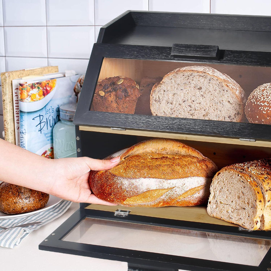 Bambus Brotkasten mit Belüftung, Grosser Brotbox, 2 Etagen und Sichtfenster, Holz Brotbehälter für H