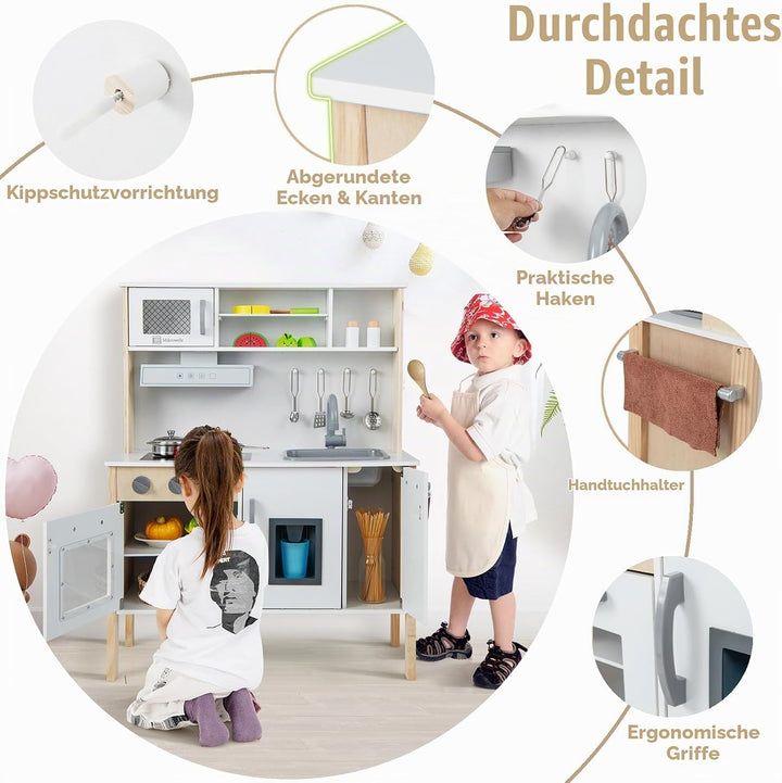 HOMASIS Spielküche mit 18 Zubehör, Kinderküche Holz, Spielzeugküche mit Spüle Herd Backofen Mikrowel