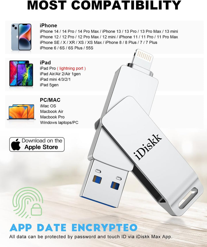 iDiskk 256 GB MFi-zertifizierter Fotostick für iPhone, USB-Stick für iPad mit Lightning Memory Stick
