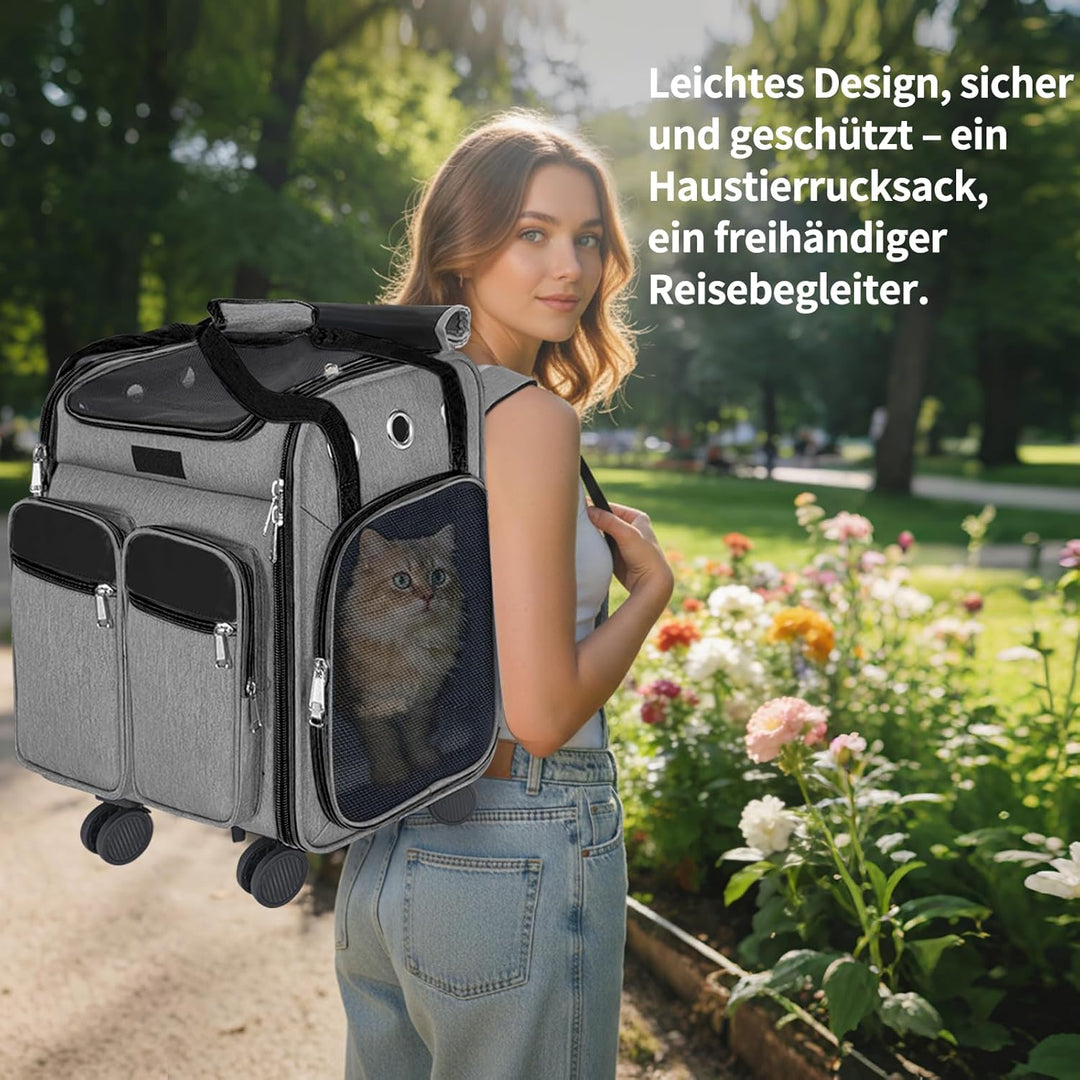 mit Trolley 2 in 1 bis 20 kg, Katzenrucksack Grosse Katzentragetasche mit Rollen, multifunktionaler