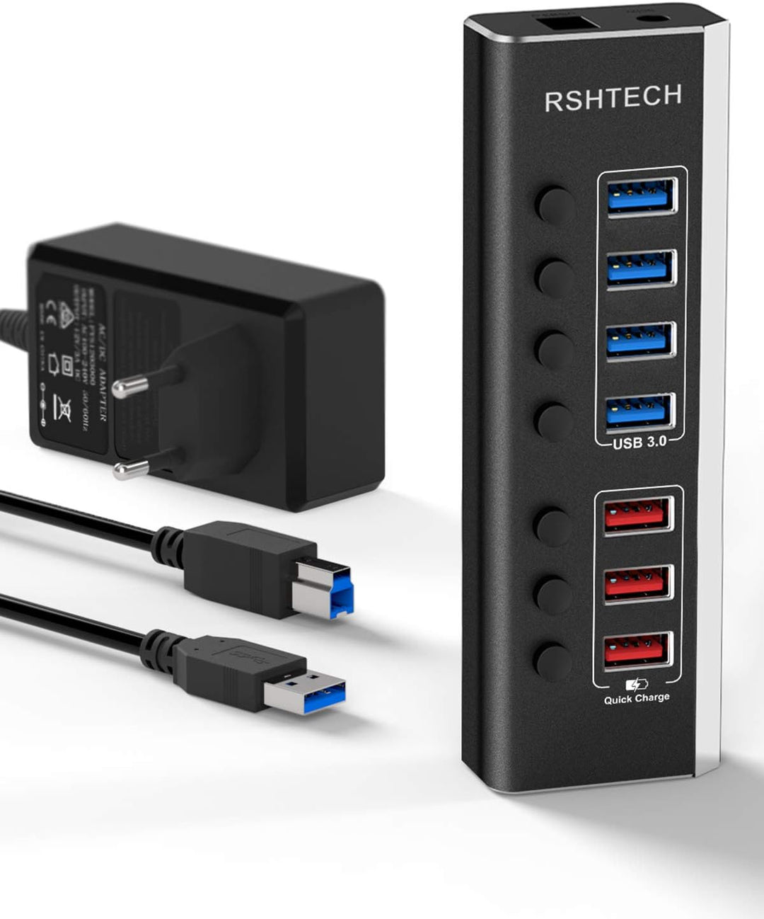 RSHTECH Aluminium USB Hub Aktiv 3.0 mit 36W Netzteil, mit 3*Schnellladeanschluss, 4*USB 3.0 Datenans