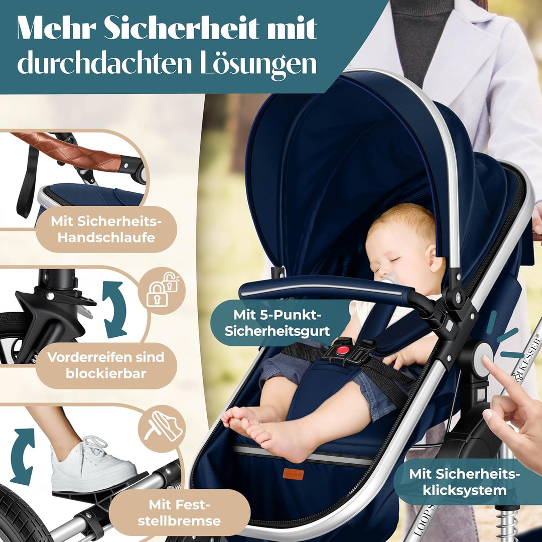 KESSER® Loops 3 in 1 Kinderwagen Kombikinderwagen Komplett-Set inkl. Babywanne &amp; Buggy Sportsitz &amp; A