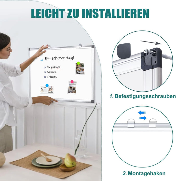 Whiteboard Magnetisch, Magnettafel mit Aluminiumrahmen, 80×100cm Magnetwand White Board mit Stiftabl