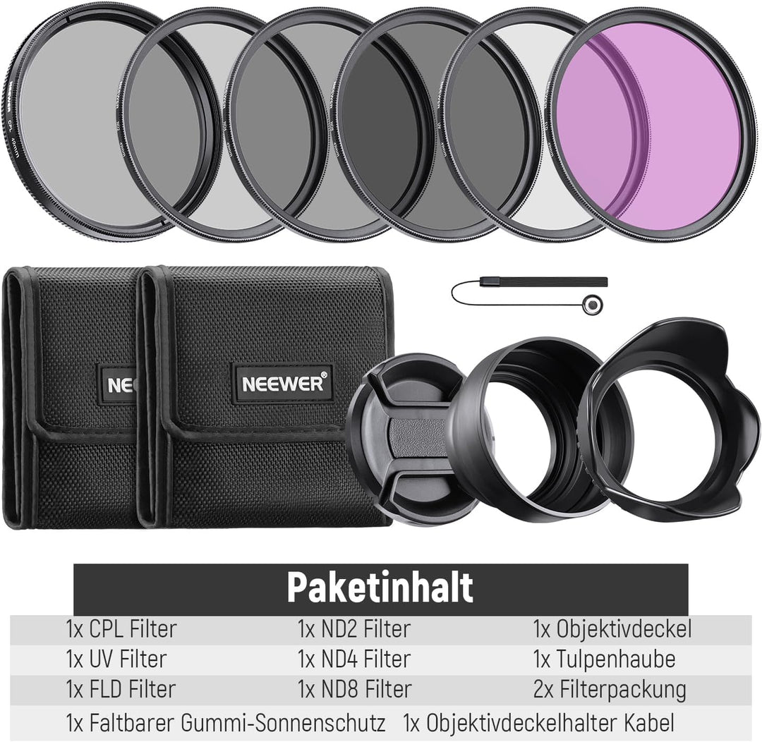 NEEWER 49mm ND Filter Set UV CPL(Polfilter) FLD ND2 ND4 ND8 Graufilter Gegenlichtblende und Objektiv