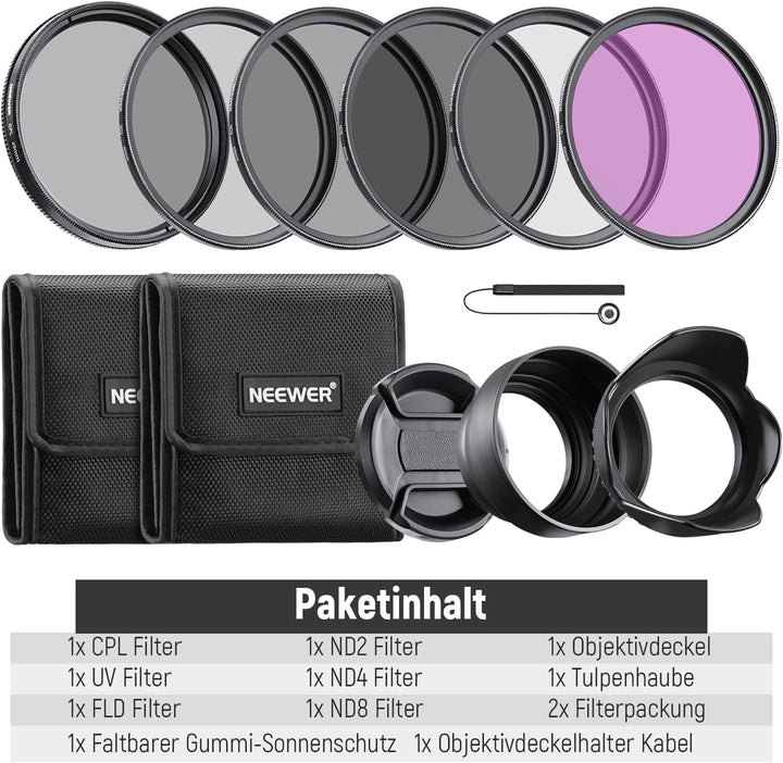NEEWER 49mm ND Filter Set UV CPL(Polfilter) FLD ND2 ND4 ND8 Graufilter Gegenlichtblende und Objektiv