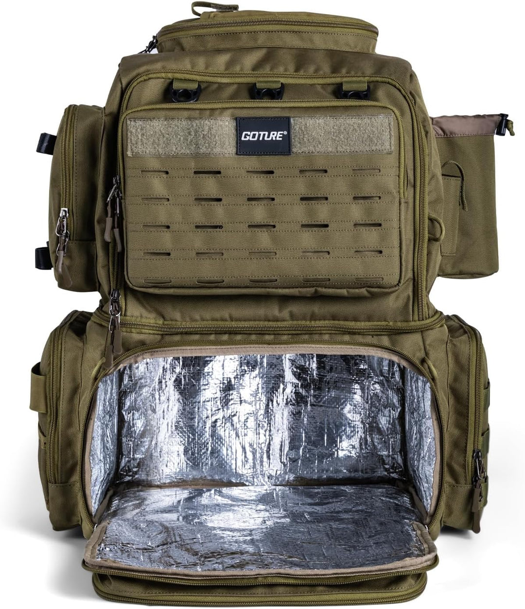 Goture Doppelstöckiger Angelrucksack – 53L wasserdichte Angelgerätetasche mit Exklusivem Fachkonzept