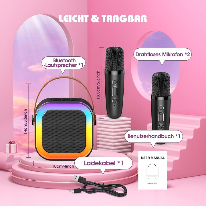 Dislocati Karaoke Maschine mit 2 Karaoke Mikrofon Bluetooth, Geschenk Spielzeug Junge 3-12 Jahre Tra