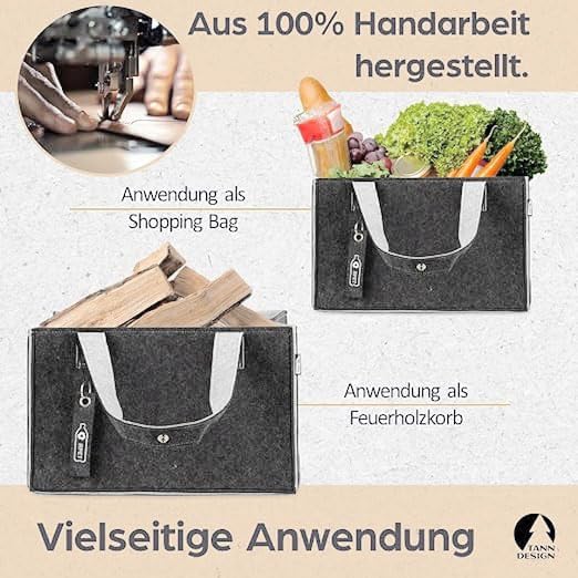 TANNDESIGN - Einkaufskorb & Kaminholzkorb aus recycelten Plastikflaschen (Filz-Tasche) - Holz-Korb f