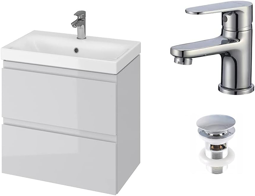 VBChome Badmöbel Slim 60 cm Grau mit Armatur und Pop-up ventil Waschbecken mit Unterschrank Waschtis