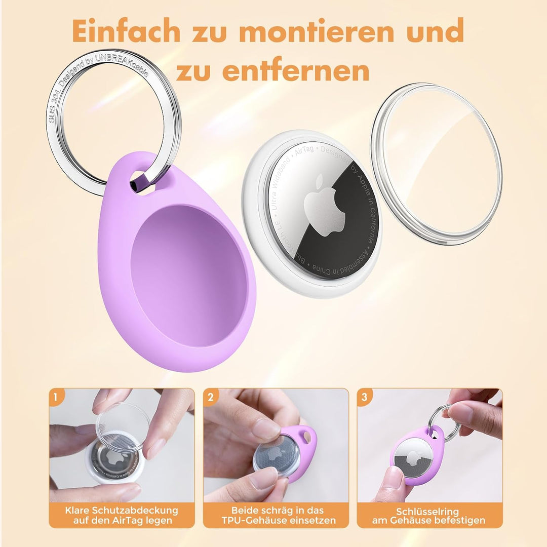 UNBREAKcable 360° Schutzhülle für AirTag [4er-Pack], TPU Vollschutz Schlüsselanhänger mit 304 Edelst