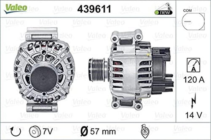 VALEO 439611 Generator Ladestrom des Generators: 120 Amp Rippen: 7 rippen Riemenscheibe Ø: 57 mm Spa
