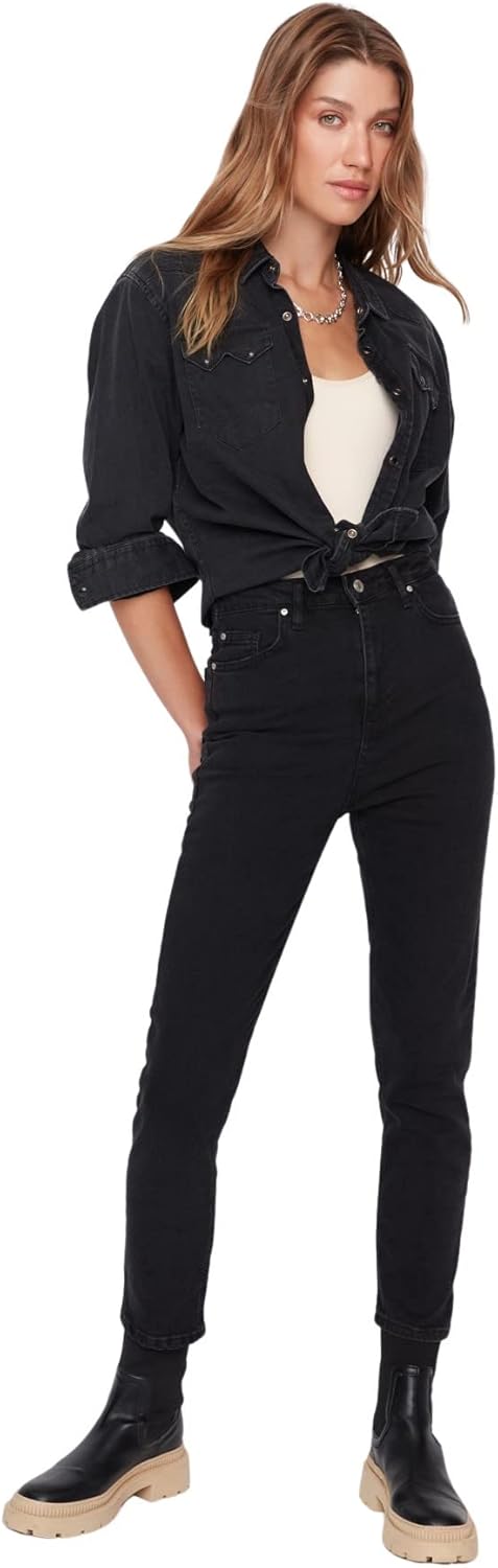 TRENDYOL Damen Herren Basic Hoher Bund Slim Jeans 34 Schwarz, 34 Schwarz