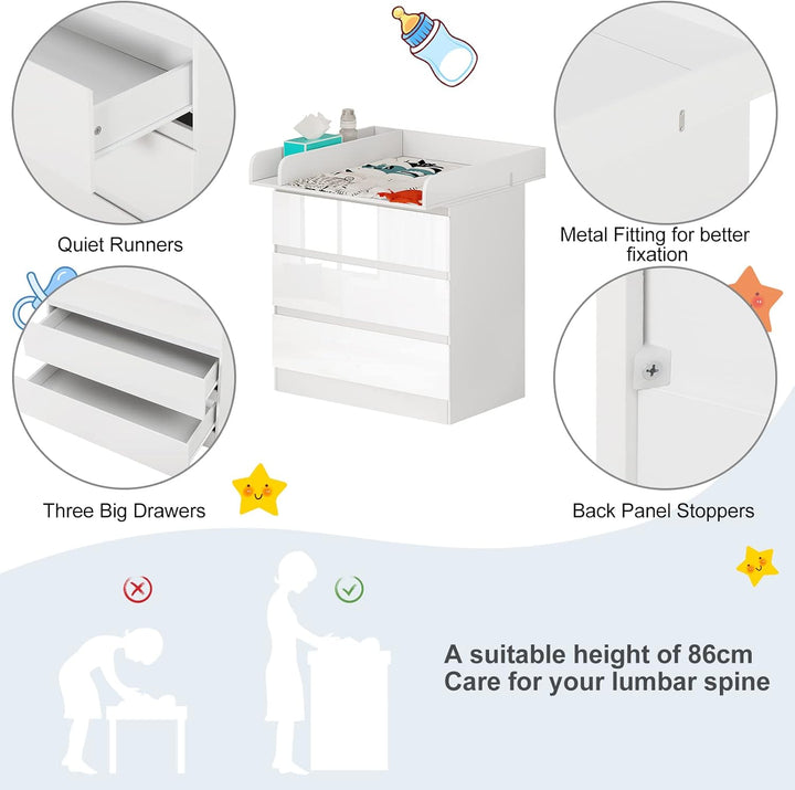 WOLTU Wickelkommode mit Wickelaufsatz, Kommode mit 3 Schubladen, Wickeltisch mit geräuscharmen Metal