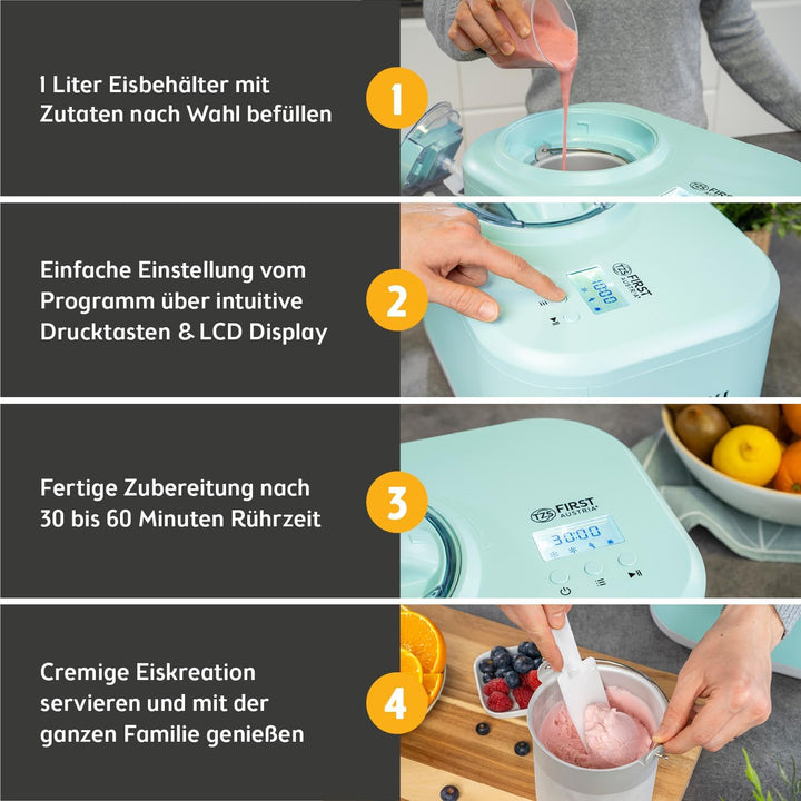 TZS First Austria - Eismaschine 1L mit Kompressor 3 in 1 - Ice Cream Maker 100W selbstkühlend für Fr