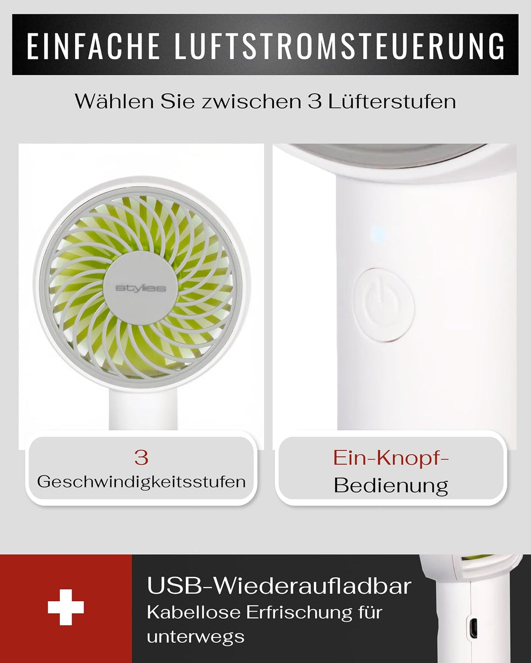 Premium Handventilator Akku aufladbar, Mini Ventilator für die Hand, Akku Ventilator mit 3 Stufen, 2