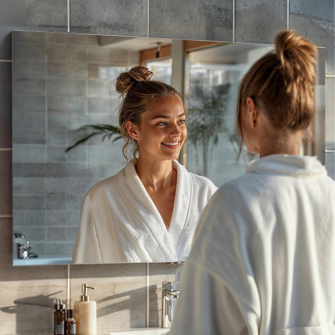 bijon Badezimmer-Spiegel ohne Rahmen, Hochglanzpolierte Kanten, Bad-Spiegel mit Befestigungsset, 90°