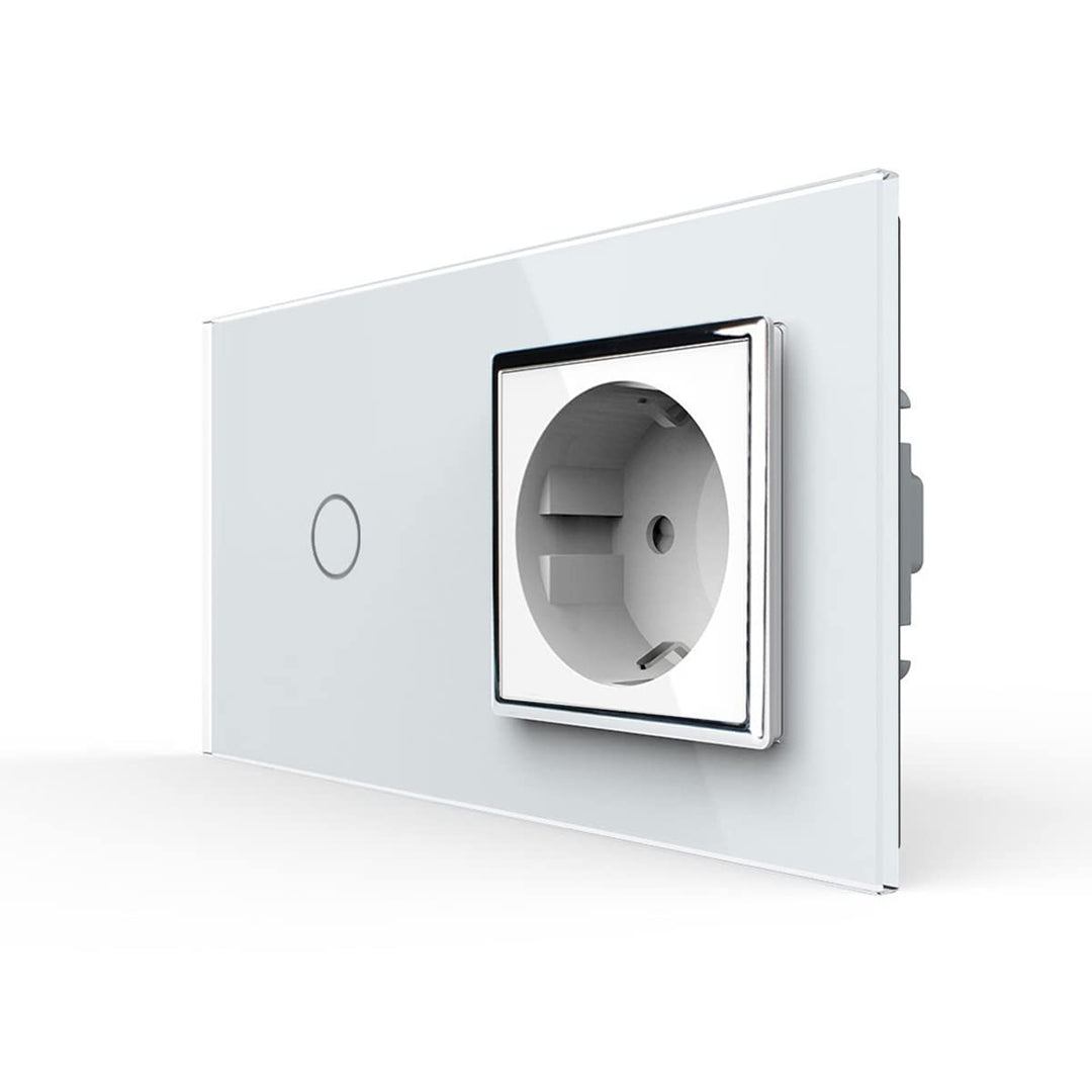 Kombination Design Glas Touch Lichtschalter 1 fach und Glas 1 fach Steckdose weiss