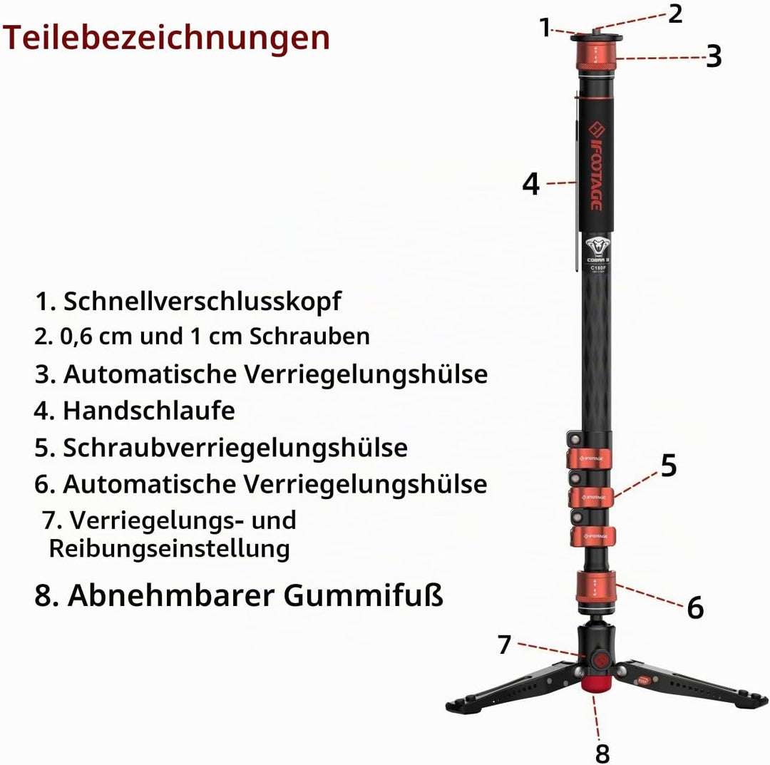 IFOOTAGE Cobra 3 C180F Kamera-Einbeinstativ aus Kohlefaser,3-in-1 Teleskop-Professionelles Fotografi