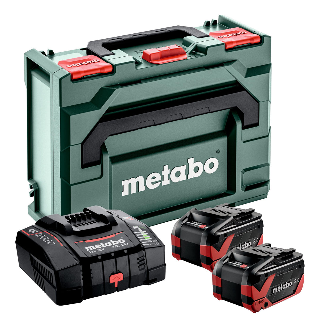 metabo Basis-Set - 2 x LiHDX 8.0 Ah Akkus, Schnellladegerät ASC 290, metaBOX 145 - Leistungsstark, l