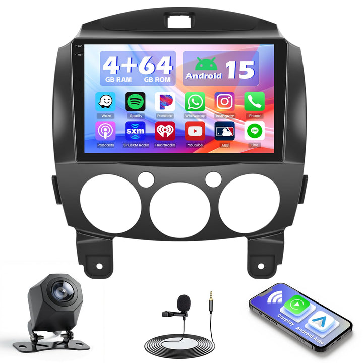 Hikity 4+64G Android 15 Autoradio für Mazda 2 2007-2014, 9" Bildschirmradio mit Wireless CarPlay And