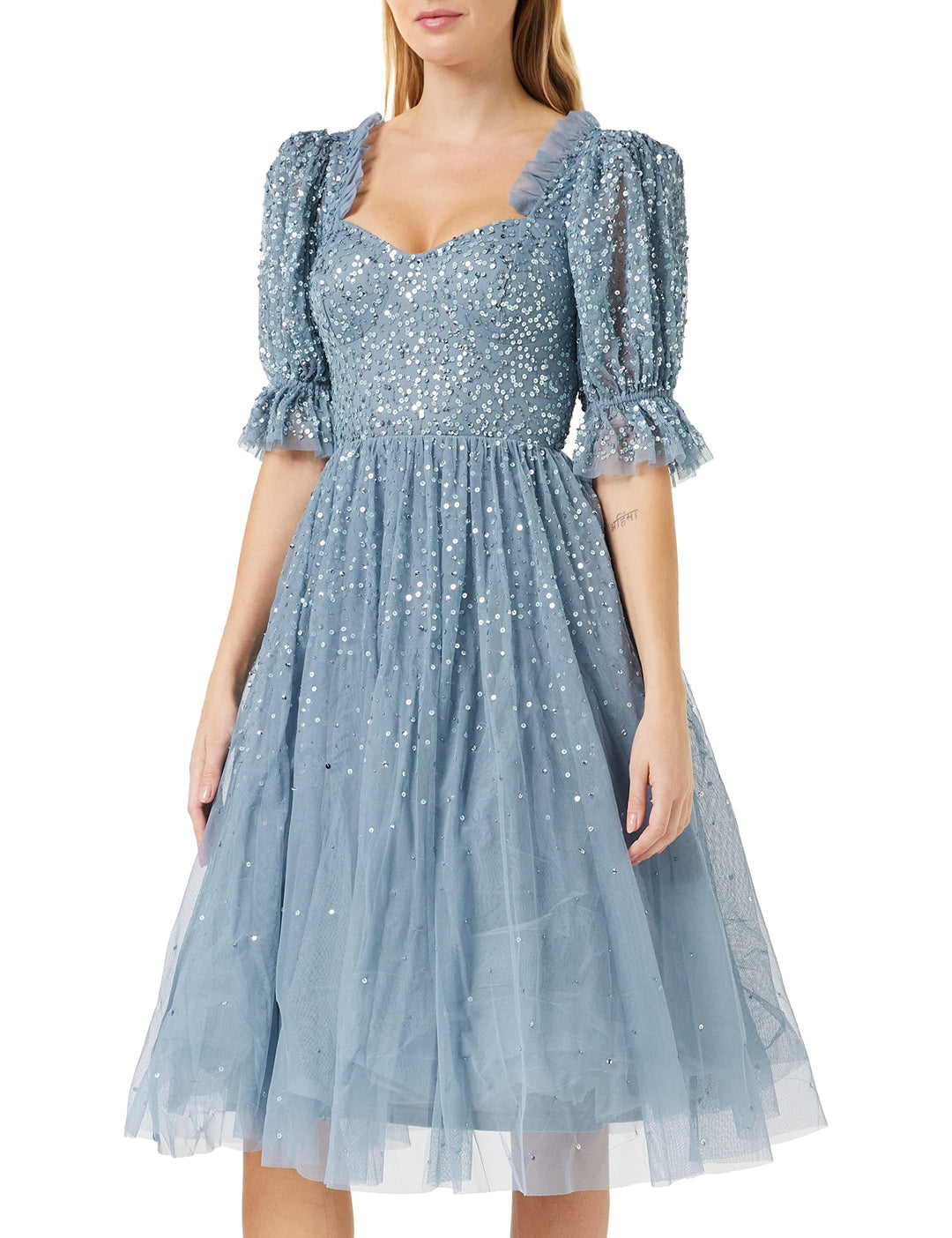 Maya Deluxe Damen Ladies Dress Women Midi Sequin Embellished Frilly Sweetheart Neckline Puffed Sleev