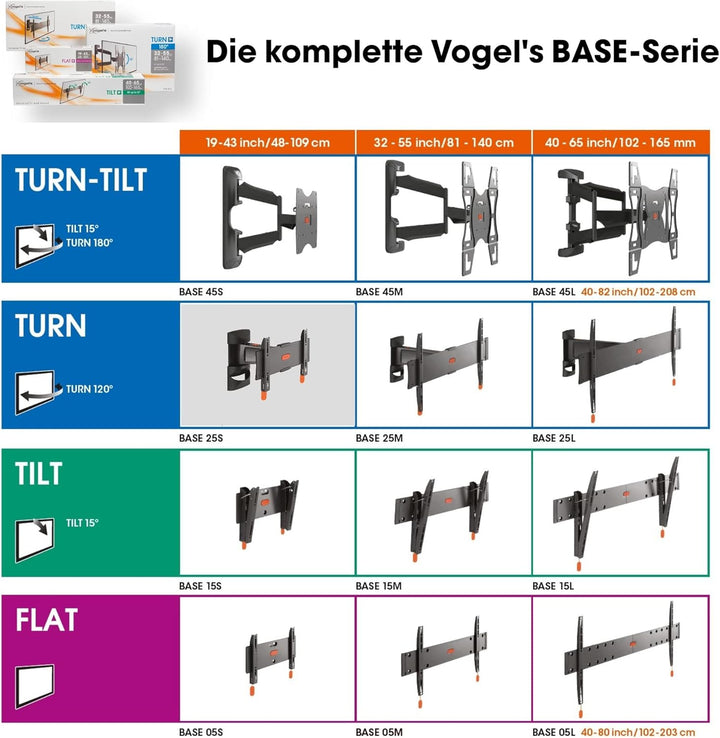 Vogel's BASE 25L schwenkbare TV Wandhalterung für 40-65 Zoll Fernseher, max. 45 kg, bis zu 120° Schw