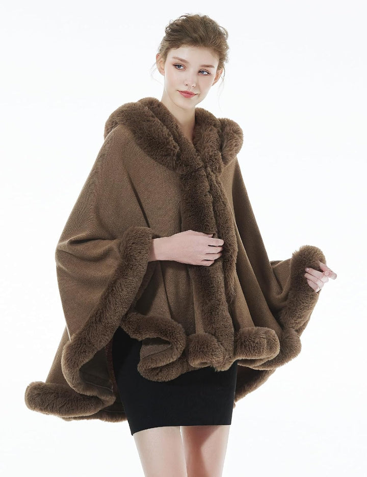 BEAUTELICATE Damen Kunstpelz Strick Poncho Cape Warm Umhang Gestrickt mit Kapuze Cardigan Brautjacke