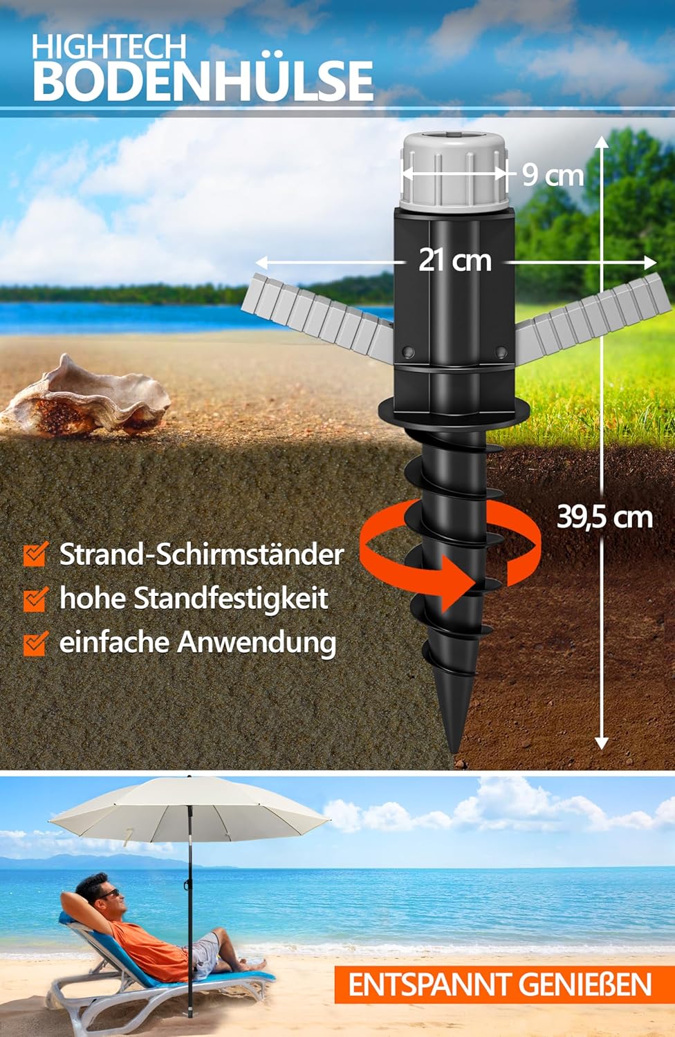 4smile Sonnenschirm Strand SunnyJoy, 3-in-1 SET, Beige - UPF 50+ Strandschirm Ø 180 cm + Sonnenschir