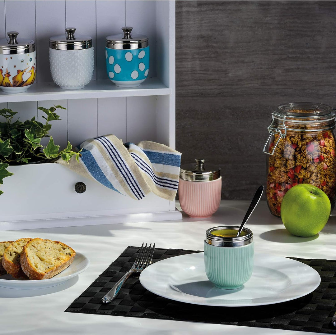 BIA - Eierkocher aus Porzellan I Set mit 2 Eierkochern in Celadonblau mit geprägtem geriffeltem Desi