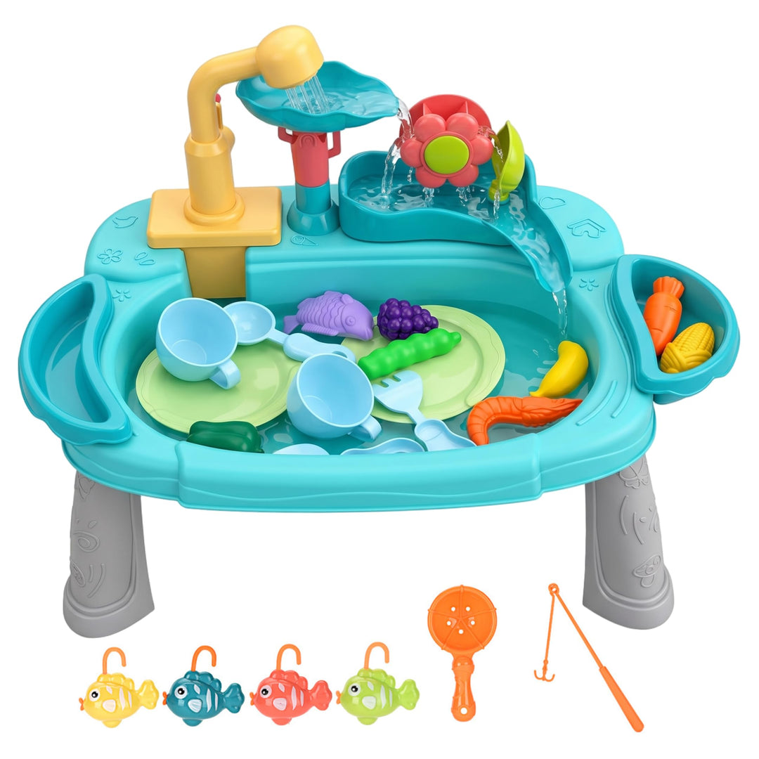 Spielwaschbecken mit fliessendem Wasser, 3-in-1-Spass-Baby-Wassertisch, Waschen und Angeln, Rollensp