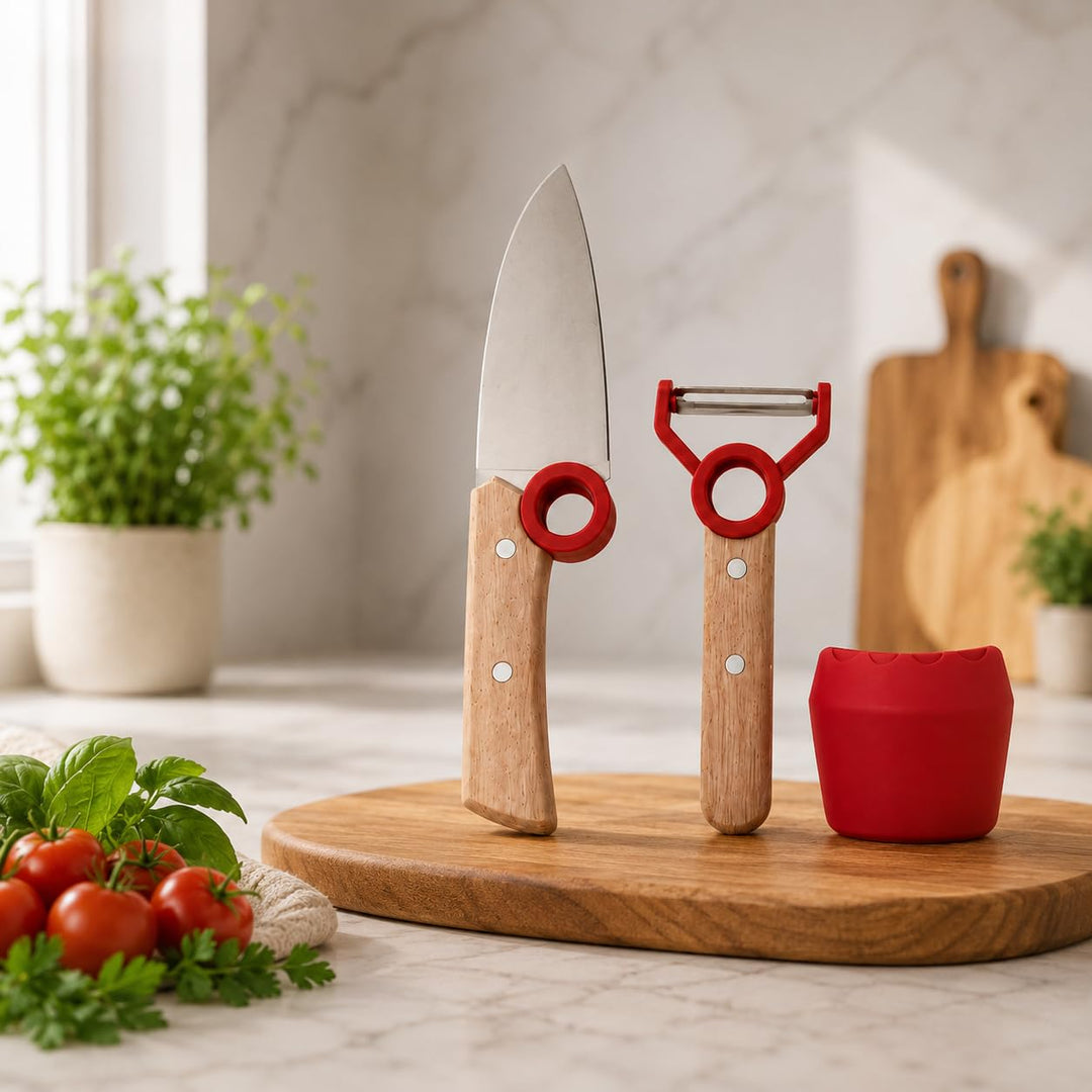 Market Stylez Kinder Kochmesser Set - 3 teilig - Kochmesser - Fingerschutz - Sparschäler - rostfrei