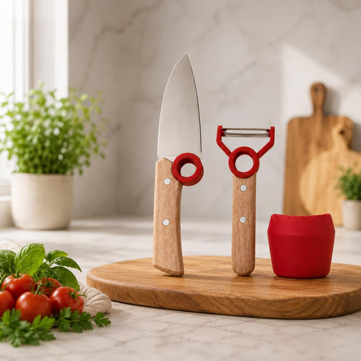 Market Stylez Kinder Kochmesser Set - 3 teilig - Kochmesser - Fingerschutz - Sparschäler - rostfrei