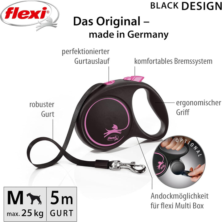 flexi® Black Design M | 5m Gurt Roll-Leine für Hunde bis 25 kg | schwarz/pink | ausziehbare Hundelei