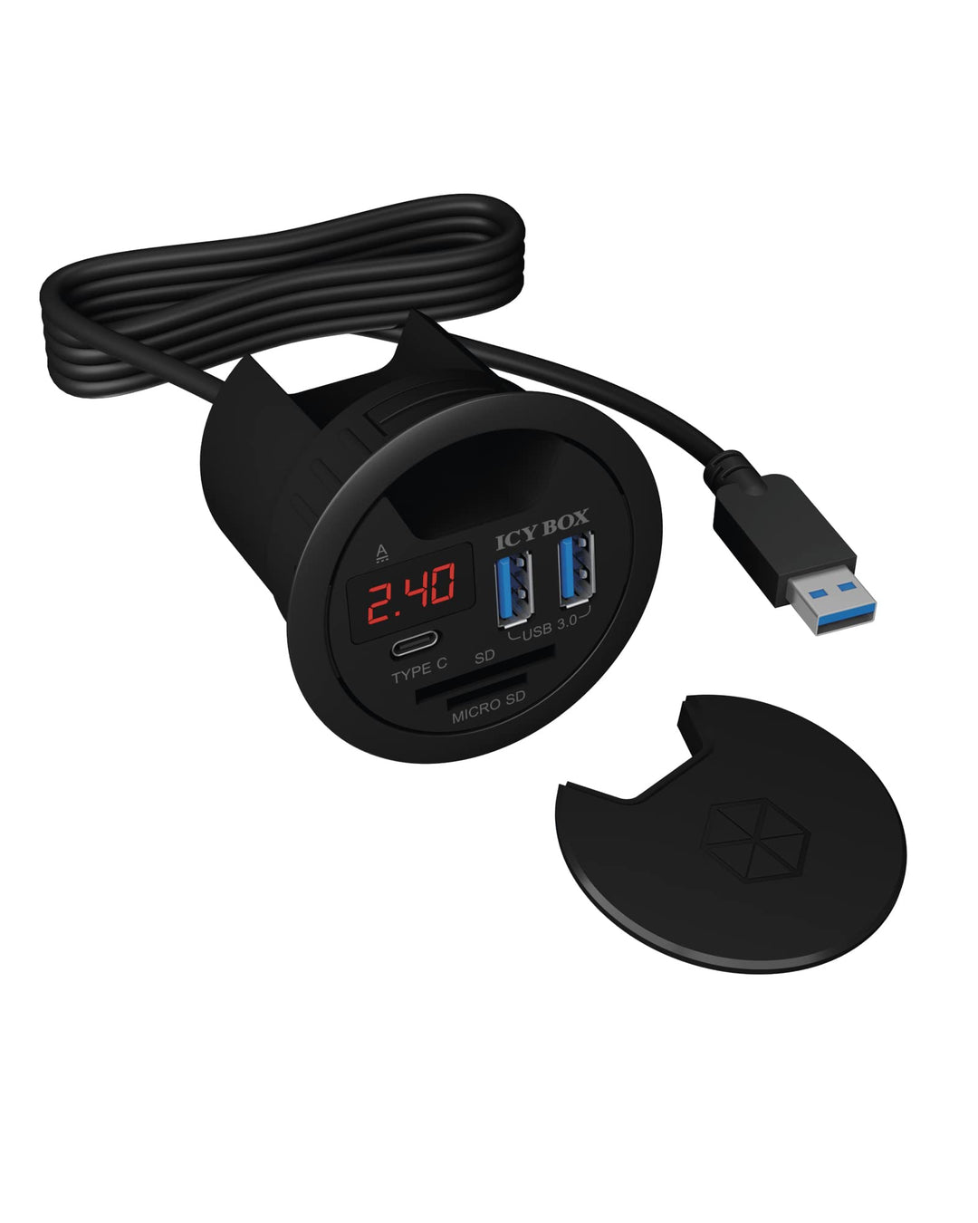 ICY BOX 60124 USB Tisch Hub zum Einbau, 60 mm, USB 3 Hub, USB-C, Ladefunktion, Kartenleser, Display