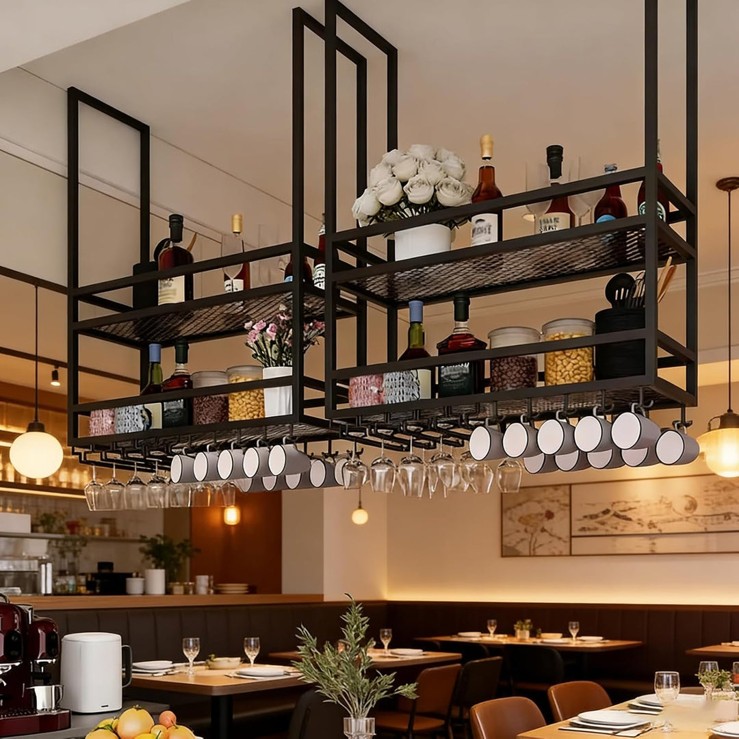 Industrielle Deckenregal Weinregal mit Glashalter, Hängend Metall Weinflaschenhalter, 2 Lagiger Häng