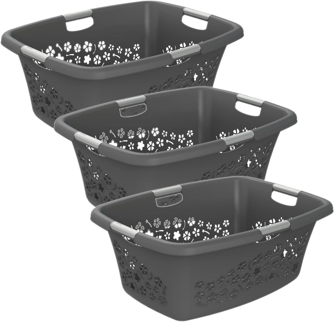 Rotho 3er-Set Wäschekorb Flowers 50l, Kunststoff (PP) BPA-frei, anthrazit, 3x50l, (65,1 x 49 x 26,2