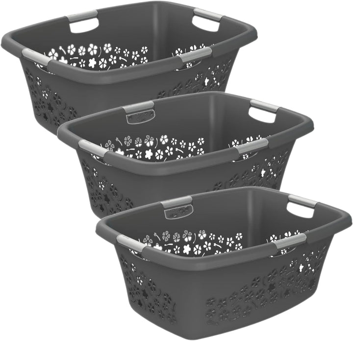 Rotho 3er-Set Wäschekorb Flowers 50l, Kunststoff (PP) BPA-frei, anthrazit, 3x50l, (65,1 x 49 x 26,2