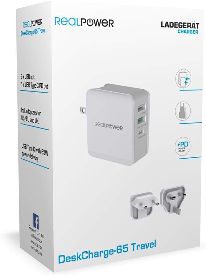 RealPower DeskCharge-65 Travel USB C Ladegerät 65W Power Delivery, USB-C Netzteil mit Reiseadapter,