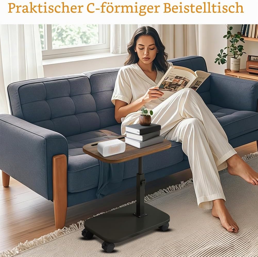 Beistelltisch mit Rollen, 360° Drehbarer Beistelltisch C Form und Höhenverstellbar Sofatisch, Coucht