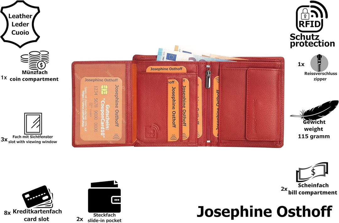 Josephine Osthoff MOOS Geldbörse echt Leder mit RFID Schutz, Farbe:Kirsche, Kirsche