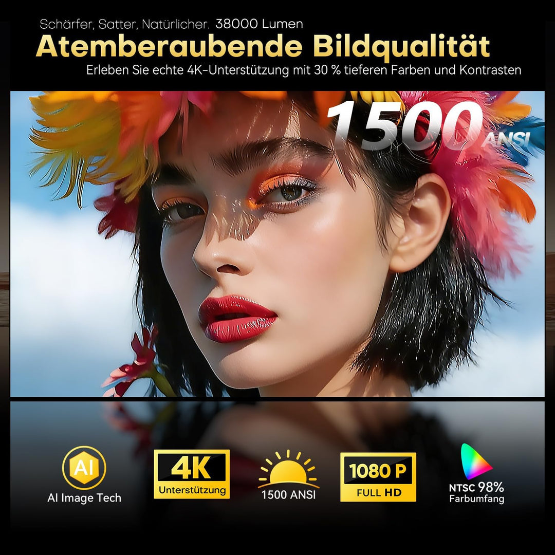 Beamer【1500 ANSI/Autofokus/360°-Drehung】 XIWBSY Projektor 4k Google TV/Sprachsteuerung, WiFi 6 Bluet