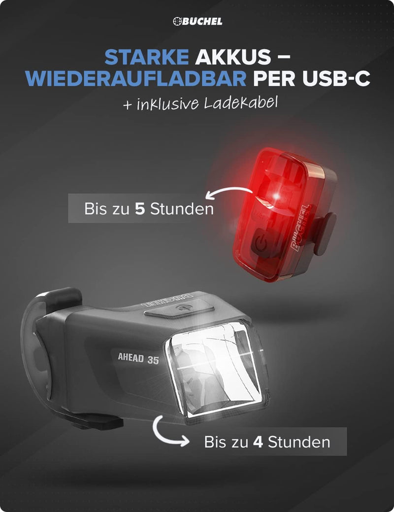 Büchel Ahead Fahrradlichter Set I 35/15 Lux Design genau mittig am Lenker StVZO zugelassen Aufladbar