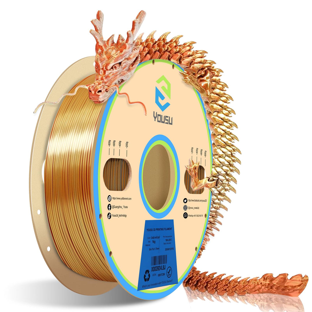 YOUSU Dreifarbiges PLA Filament,3D Drucker Filament 1,75mm(﹢/-0,03mm), Seiden Gold/Silber/Kupfer Dre