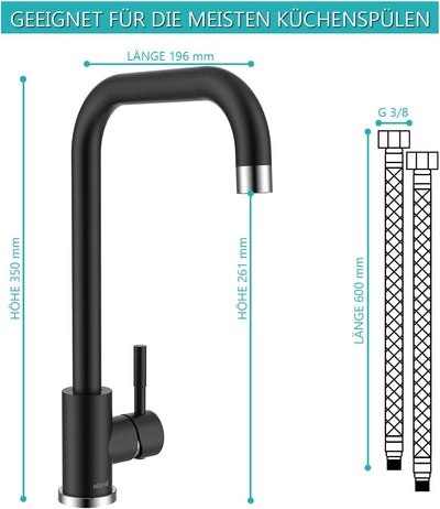 Wasserhahn Küche Schwarz, Ulytid Hochdruck Küchenarmatur 360° Drehung, L-Form Mischbatterie Spültisc